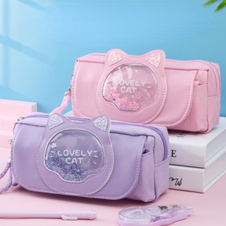 Lovely Cat Pencil Case Cute Cartoon Quicksand Pen Bag Three Layers Large Capacity Girls Student School Stationery Holders