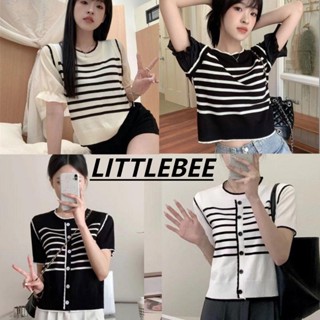 LITTLEBEE  29045-7# เสื้อไหมพรมแขนสั้น คอกลม ลายทางผ้านิ่มใส่สบายมากคิ้วๆ แฟชั่นสไตล์เกาหลี สําหรับผู้หญิง