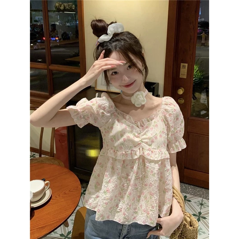 หวานหลวมเสื้อเชิ้ตแขนสั้นลายดอกเวอร์ชั่นเกาหลีน่ารักเสื้อสั้น thumbnail 6
