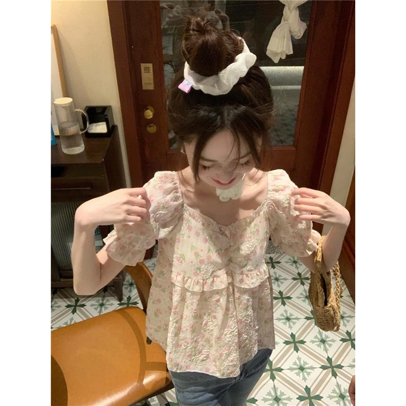 หวานหลวมเสื้อเชิ้ตแขนสั้นลายดอกเวอร์ชั่นเกาหลีน่ารักเสื้อสั้น thumbnail 8