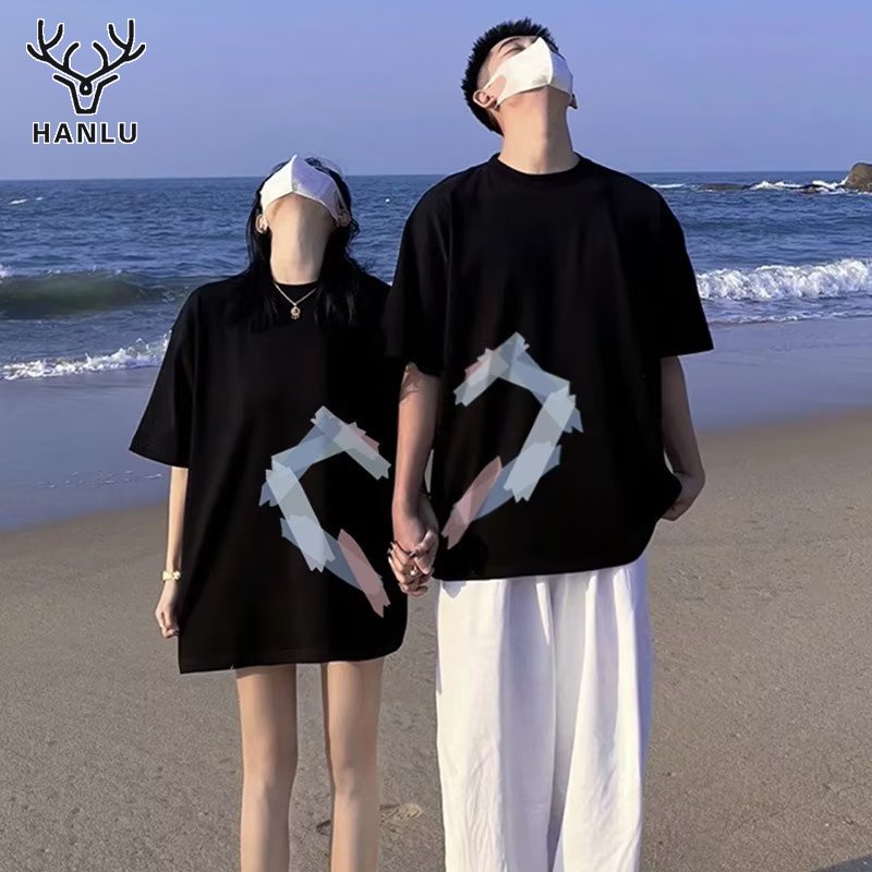 HANLU เสื้อยืด เสื้อผ้าคู่รักระดับไฮเอนด์แบรนด์อินเทรนด์ 2023 ใหม่สไตล์ร้อนแขนสั้นอินเทรนด์ในชุดสูทผ้าฝ้าย