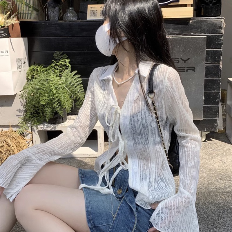 เสื้อเชิ้ต ผ้าชีฟอง ซีทรู แบบเข้ารูป แฟชั่นฤดูร้อน สําหรับผู้หญิง