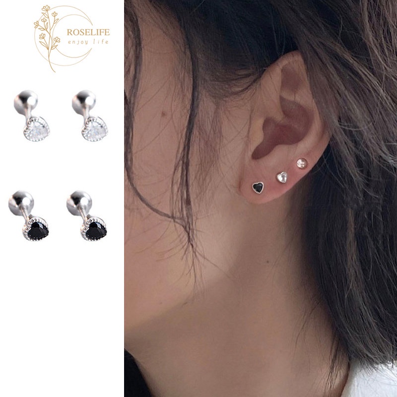 Roselife ต่างหูสตั๊ด เงิน S925 จี้รูปหัวใจ ประดับเพทาย คริสตัลใส สองด้าน กันแพ้ สีดํา สําหรับผู้หญิง 1 คู่
