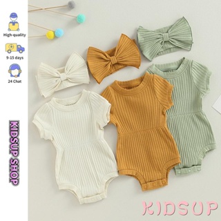 Kidsup1 ชุดรอมเปอร์ แขนสั้น สีพื้น พร้อมที่คาดผม ประดับโบว์ แฟชั่นฤดูร้อน สําหรับเด็กผู้หญิง 2 ชิ้น