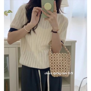 Suxi เสื้อยืดแขนสั้น ผ้าถัก ทรงหลวม สีตัดกัน แฟชั่นฤดูร้อน สําหรับผู้หญิง