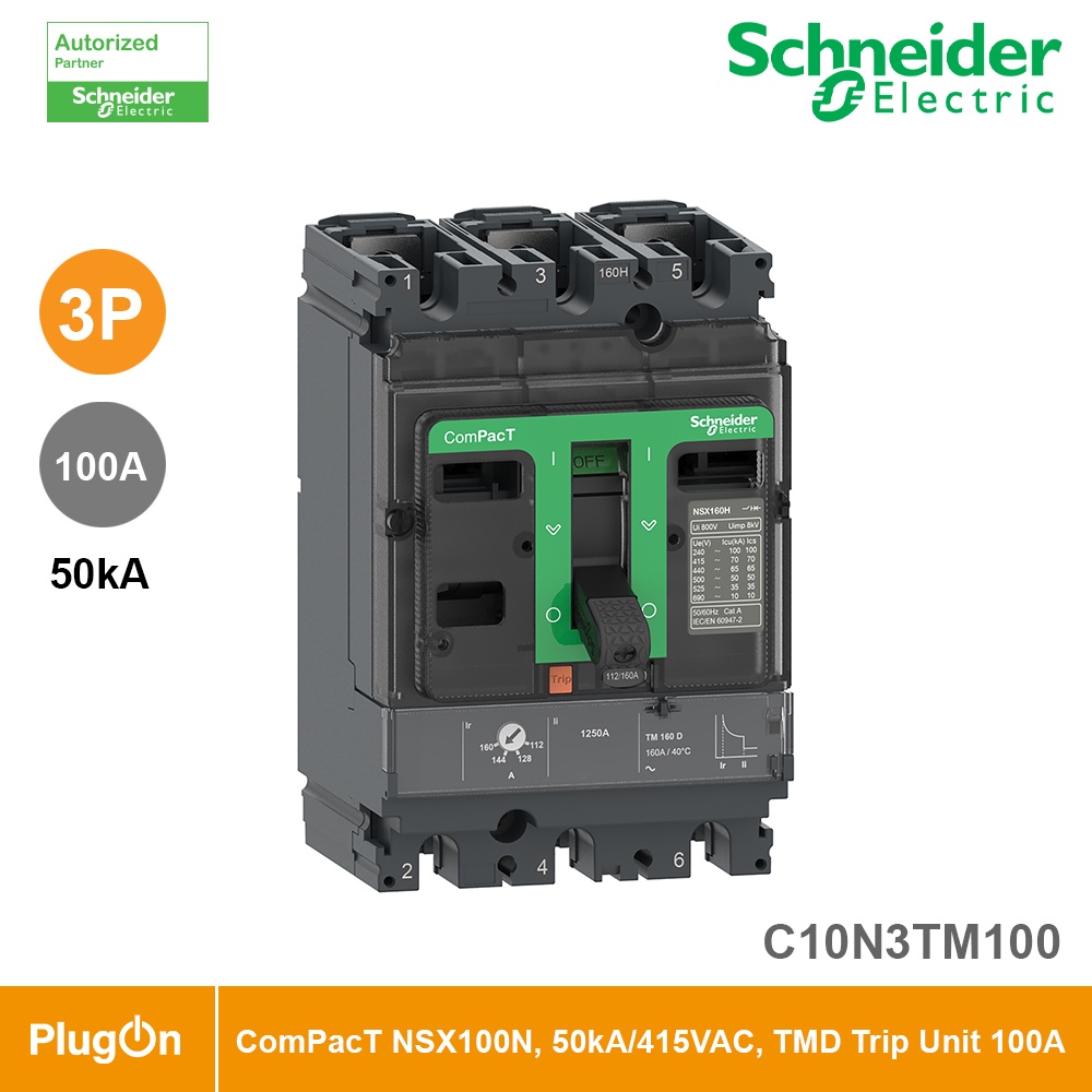 Schneider Circuit breaker, ComPact NSX100N, 50kA/415VAC, 3 poles, TMD trip unit 100A |  PlugOn