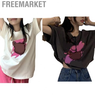 Freemarket Lady Short Sleeve Top  Breathable Soft Cartoon Print Women Half T Shirt Loose Fit Round Neck Fade Resistant Cool for Work Summer