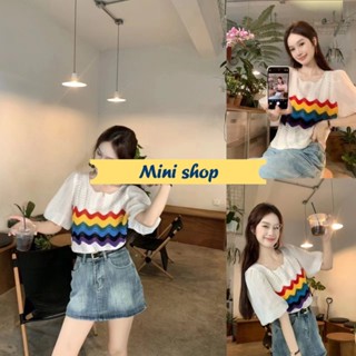 Mini shop🌸พร้อมส่ง🌸 (C632-1) เสื้อถักผ้าไหมพรม ลายทางสีรุ้ง แขนชีฟองคอหยัก  -C