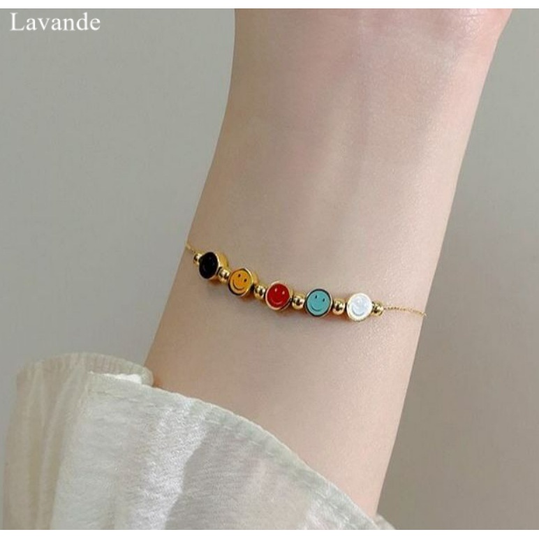 [LAVANDE] Non-Fade Same Style Titanium Steel Anklet Female Colourful Smiling Face Golden Bead Niche Design Light Luxury Plated 18K Gold J01L7501