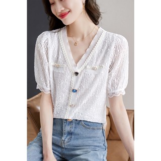 MANSA summer white lace shirt เสื้อแขนสั้น เสื้อ เสื้อโอเวอร์ไซส์ เสื้อเชิ้ต