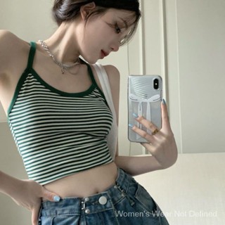 พร้อมส่ง 🔥อเมริกันวินเทจครอปสีเขียวลายเสื้อกั๊กหวานสาวร้อน halter คอกับ suspender และเปิดกลับผู้หญิงด้านบน SC2761