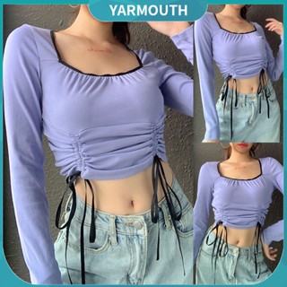 Yyr-- เสื้อยืดแขนยาว คอสี่เหลี่ยม แต่งจับจีบ เซ็กซี่ สีพื้น สําหรับผู้หญิง