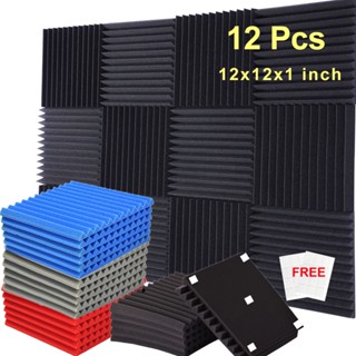 12Pcs/Pack 12"x12"x1" Acoustic Wedge Tiles Foam Panel Studio Acoustic Foam Wall Pad Room Sound Absorbing Treatment Sponge Panel（Free Stickers)