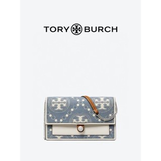 **เงา** กระเป๋า TORY BURCH T Monogram Denim Chain Wallet สินค้าใหม่ ของแท้