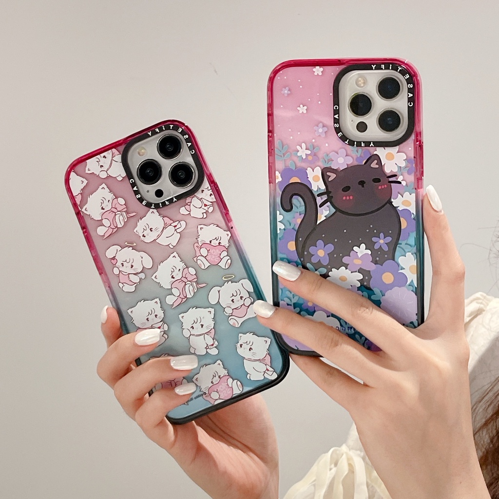 Purringcatco Mikko ภาพประกอบแมวสีชมพูใสสีฟ้าGradient Glitter Casetifyเคสโทรศัพท์สําหรับiPhone 16 15 14 13 12 Pro Max,ปกแข็ง