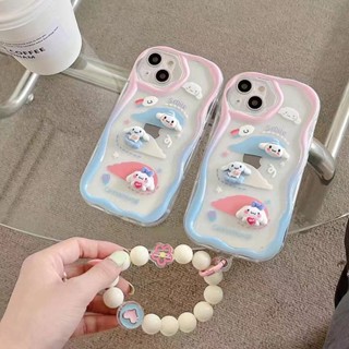 เคสโทรศัพท์มือถือแบบนิ่ม TPU ใส กันกระแทก ลายสุนัข Cinnamonroll 3D พร้อมจี้ และสายคล้องข้อมือ ป้องกันกล้อง สําหรับ iPhone 14 13 12 Pro Max Plus 11