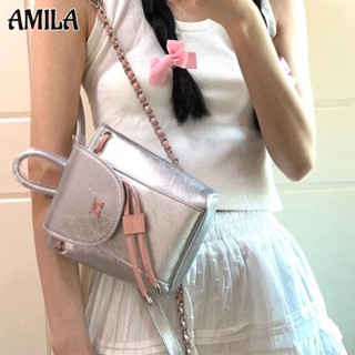 AMILA กระเป๋าเป้แฟชั่นสไตล์ Ballet Limited แฟชั่นญี่ปุ่นและเกาหลี Pink Silver Bark Contrast Color One Shoulder Messenger Bag ความรู้สึกขั้นสูง แมตช์แบบสบาย ๆ