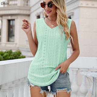 [Dhin] Summer Sleeveless T Shirts For Women Clothes 2023 New Fashion Hollow Out V Neck Streetwear Female Plus Size Casual Sexy  Top COD