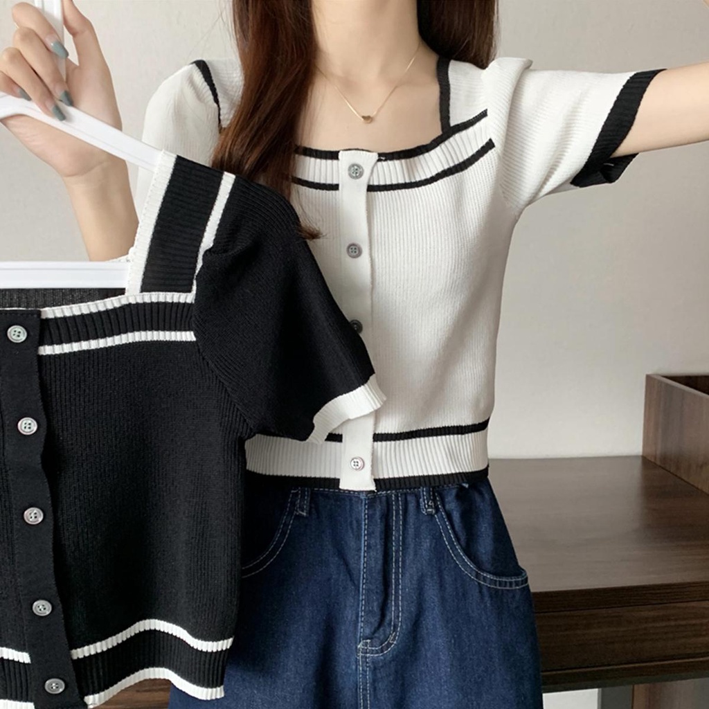 mimi&didi*พร้อมส่ง*เสื้อถักแขนสั้นคอเหลี่ยมสีตัดกันสำหรับผู้หญิง#9155