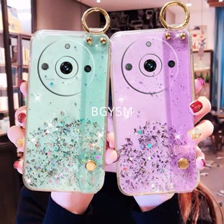 พร้อมส่ง เคสโทรศัพท์มือถือ ซิลิโคนนิ่ม ใส ประดับเลื่อมกลิตเตอร์ดาว พร้อมสายคล้องข้อมือ และขาตั้ง สําหรับ Realme 11 Pro+ Pro Plus 5G 4G