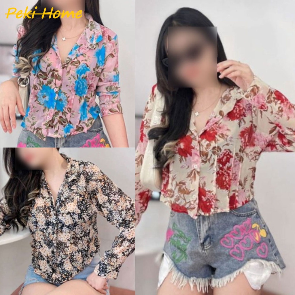 เสื้อแขนยาวผ้าชีฟองลายดอกไม้แฟชั่นเกาหลีน่ารักสําหรับผู้หญิง  เสื้อ สงกรานต์ ผู้หญิง