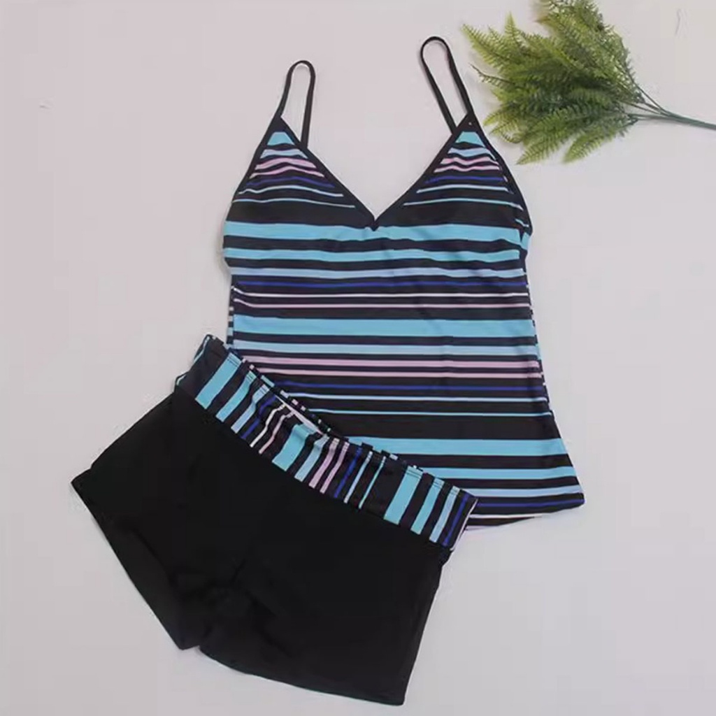 เสื้อสายเดี่ยวเเละกางเกงขาสั้นลายทาง ชุดว่ายน้ำทูพีชสองชิ้นพิมพ์ลายสดใส - รูปที่ 2