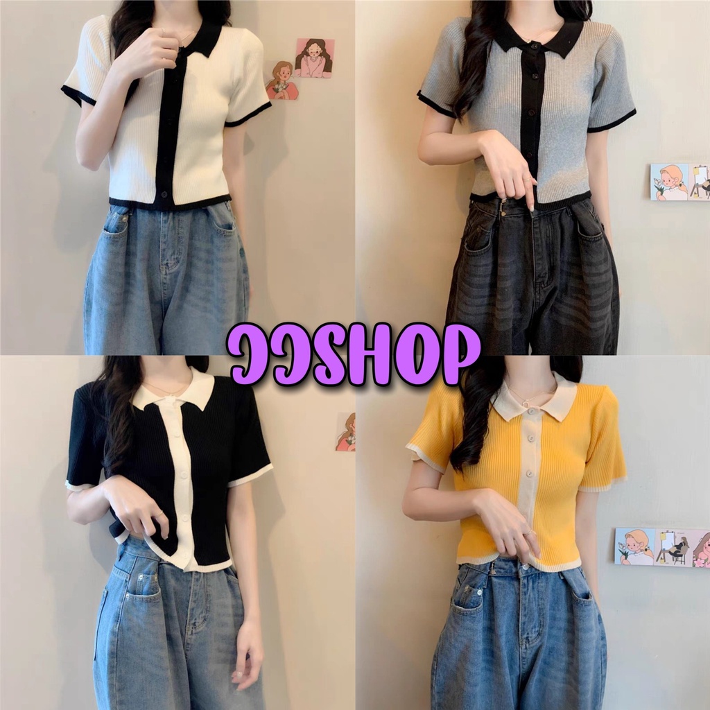 JJ Shop​ ​พร้อมส่ง เสื้อไหมพรมคอปกผ้าร่องเล็ก แขนสั้น กระดุมด้านหน้า "9489New" -N