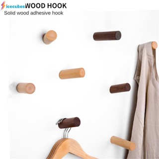 ตะขอไม้เนื้อแข็ง Beech Sticky Hook ฟรีเจาะเสื้อตะขอประตูหลังผนัง Creative Black Walnut Coat Hook ICECUBES