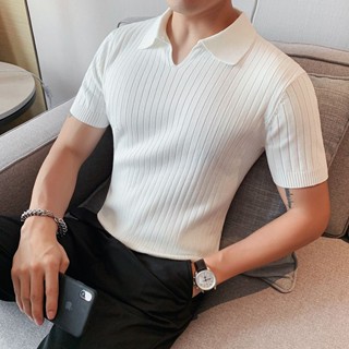 เสื้อโปโล คอวี ผ้าเรยอน ลายทาง แบบบาง แฟชั่นสําหรับผู้ชาย