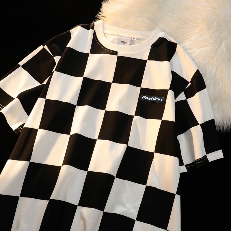 เสื ้ อยืดแขนสั ้ นผู ้ ชายแนวโน ้ มทั ้ งหมด Match Checkerboard ลายสก ๊ อตแนวโน ้ มสบายๆแฟชั ่ นเยาวชน Top T เสื ้ อ Lelaki 2023