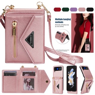 เคสหนัง แบบฝาพับ พร้อมช่องใส่บัตร และสายคล้อง สําหรับ Samsung Galaxy Z Flip 5 4 3 5G