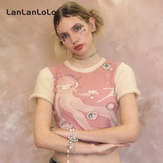 Lanlanlolo เสื้อลําลอง แขนสั้น คอกลม พิมพ์ลาย ทรงสลิมฟิต สีหวาน สําหรับสตรี 2023