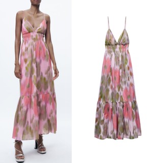 Zara ฤดูร้อนใหม่ชายหาดชุดวันหยุดสไตล์ลําลองสลิมสลิงคอวีพิมพ์ชุด 2731244