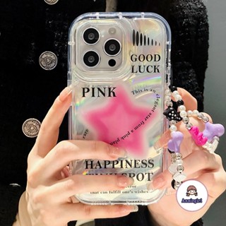 เคสโทรศัพท์มือถือ แบบใส ลายดาวสีชมพู พร้อมสายโซ่คล้อง สําหรับ IPhone 11 14 Pro Max 12Pro 13Promax XS XR 7 8plus