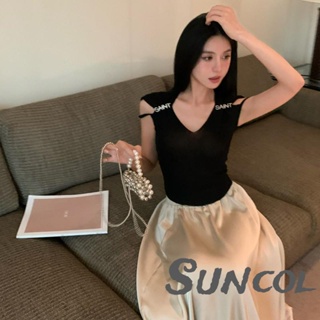 Suncol- เสื้อกล้ามครอป แขนกุด สีพื้น สุนทรีย์ แฟชั่นฤดูร้อน สําหรับผู้หญิง