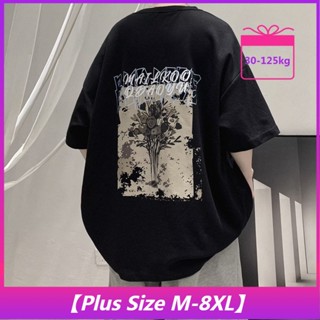 【Plus Size M-8XL】เสื้อยืดแขนสั้น แบบสวมหัว พิมพ์ลายตัวอักษร ดอกไม้ สไตล์ญี่ปุ่น สําหรับผู้ชาย