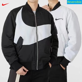 Nike ของแท้ 100% SWOOSH เสื้อแจ็กเก็ตเบสบอลลําลอง คอปก สําหรับผู้ชาย เหมาะกับการเล่นกีฬา กลางแจ้ง