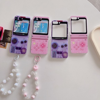 เคสโทรศัพท์มือถือ แบบฝาพับ ลายเกมคอนโซล สีชมพู พร้อมสายคล้องมือ สําหรับ Samsung Galaxy Z Flip 5 4 3 2 1 5G Z Flip3 Flip4 Flip5 Flip2 Flip1