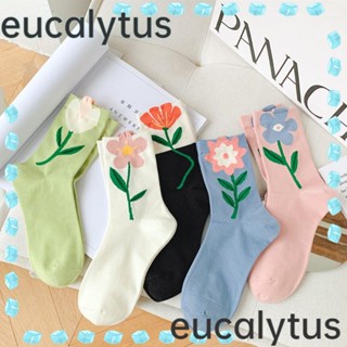 Eucalytus1 ถุงเท้าข้อกลาง ลายการ์ตูนดอกไม้น่ารัก ระบายอากาศ สีแคนดี้ สําหรับผู้หญิง 2 คู่