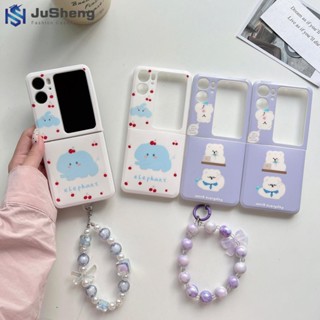 Jusheng เคสโทรศัพท์มือถือแฟชั่น ลายช้างหมี สีขาว สีม่วง และโซ่ สําหรับ OPPO Find N2