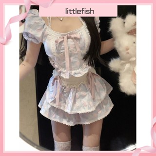 [littlefish] ชุดเดรสกระโปรง แขนพัฟ เอวสูง ประดับโบว์ สีชมพู สีฟ้า เหมาะกับฤดูร้อน สําหรับสตรี 2023