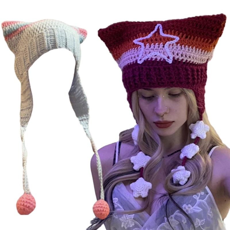 XU ถัก Y2K หมวกถักหมวก Star Balaclava หมวก Thicken Devil ลาย Harajuku สาว Photo Props