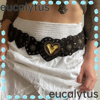 Eucalytus1 เข็มขัดหนัง PU ประดับหมุด สไตล์วินเทจ โบโฮ เรโทร สีน้ําตาล สําหรับผู้หญิง