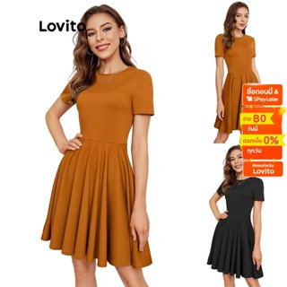 Lovito ชุดเดรส คอกลม สีพื้น หรูหรา L24ED075 (สีน้ําตาล)