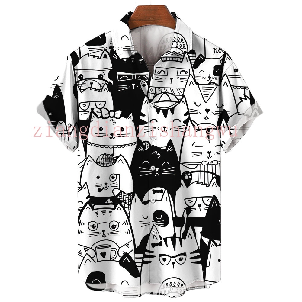 เสื้อเชิ้ตฮาวาย แขนสั้น พิมพ์ลายการ์ตูนอนิเมะแมว แนวสตรีท ย้อนยุค ลําลอง เหมาะกับฤดูร้อน สําหรับผู้ชาย