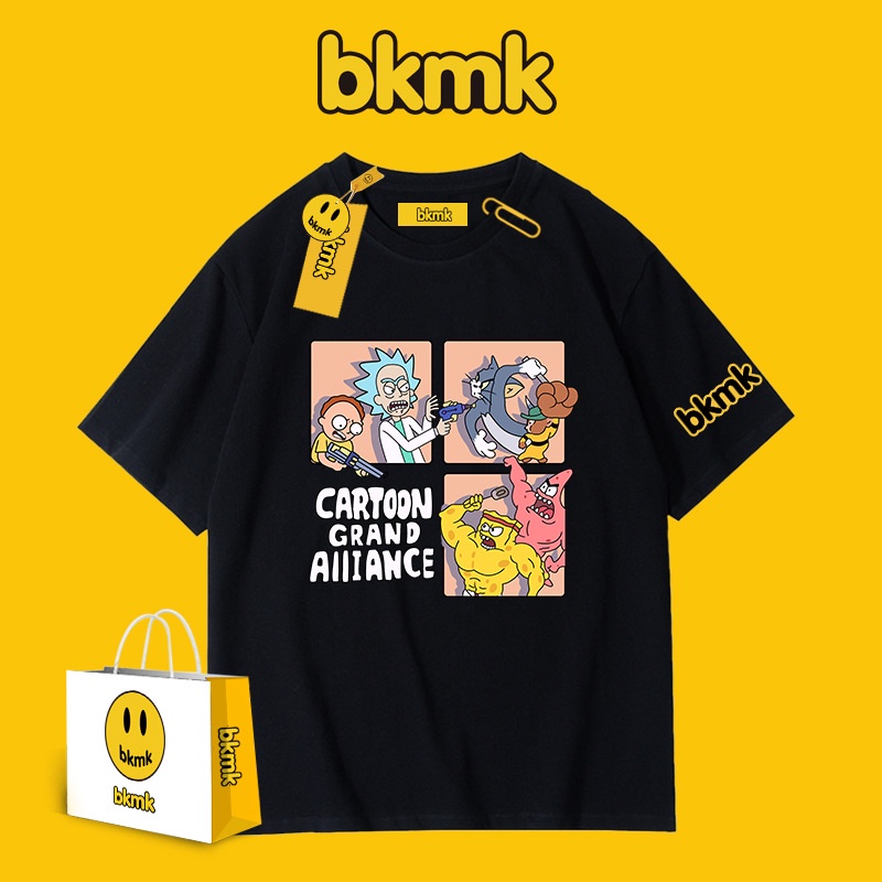 Bkmk เสื้อยืด ผ้าฝ้าย พิมพ์ลายการ์ตูนอนิเมะ ทรงหลวม แฟชั่นฤดูใบไม้ผลิ และฤดูร้อน สําหรับผู้ชาย