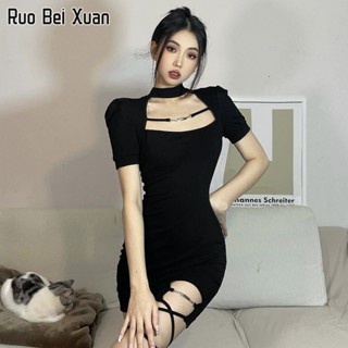 RUO BEI XUAN ชุดสตรีใหม่ Hollow Design พัฟแขนแฟชั่นชุดเดรสเซ็กซี่