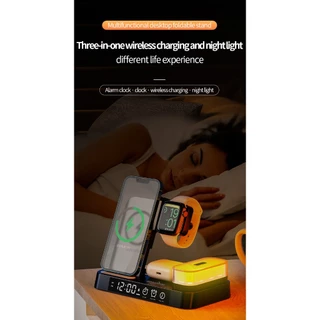GOOJODOQ 4 in 1 แท่นชาร์จหูฟังไร้สาย พร้อมนาฬิกาปลุก และไฟกลางคืน สําหรับ iPhone Watch