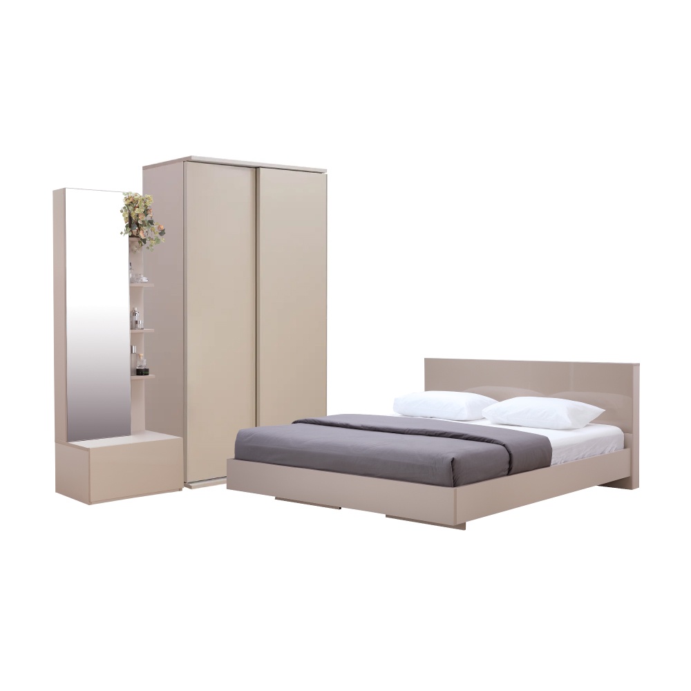 INDEX LIVING MALL ชุดห้องนอน รุ่นแมสซิโม่+แมกซี่ ขนาด 5 ฟุต (เตียงนอน(พื้นเตียงทึบ), ตู้บานสไลด์ 120 ซม., โต๊ะเครื่องแป้ง) - สีหินทรายย