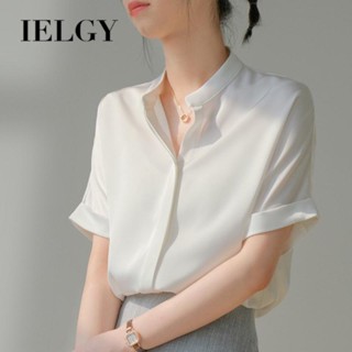 IELGY เสื้อเชิ้ต ผ้าซาติน แขนสั้น เรียบง่าย สําหรับผู้หญิง